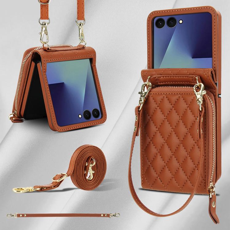 For Samsung Galaxy Z Flip7 5G Large Zipper Card Slot Leather Phone Case with Crossbody Strap