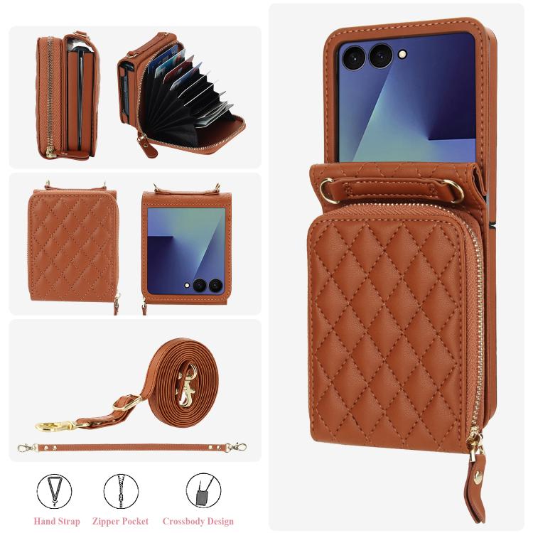 For Samsung Galaxy Z Flip7 5G Large Zipper Card Slot Leather Phone Case with Crossbody Strap