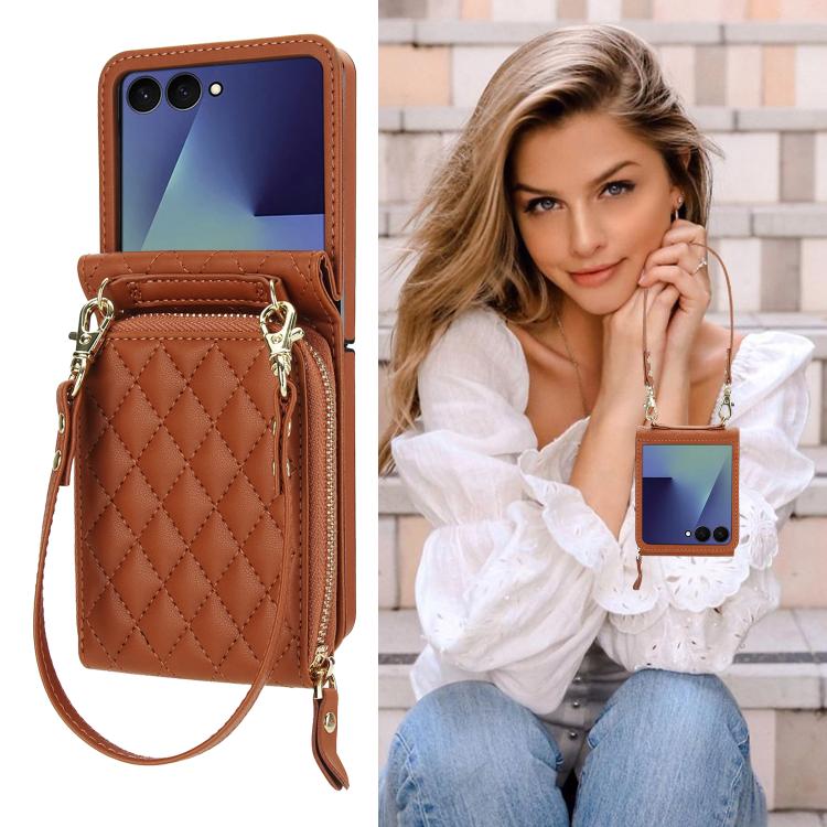 For Samsung Galaxy Z Flip7 5G Large Zipper Card Slot Leather Phone Case with Crossbody Strap