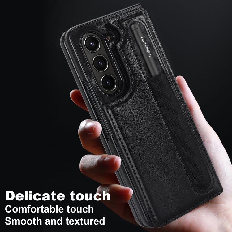 For Samsung Galaxy Z Fold7 Full Coverage Fold Double Buckle PU Phone Case with Pen Slots