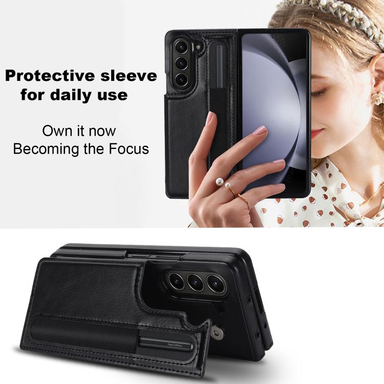 For Samsung Galaxy Z Fold7 Full Coverage Fold Double Buckle PU Phone Case with Pen Slots