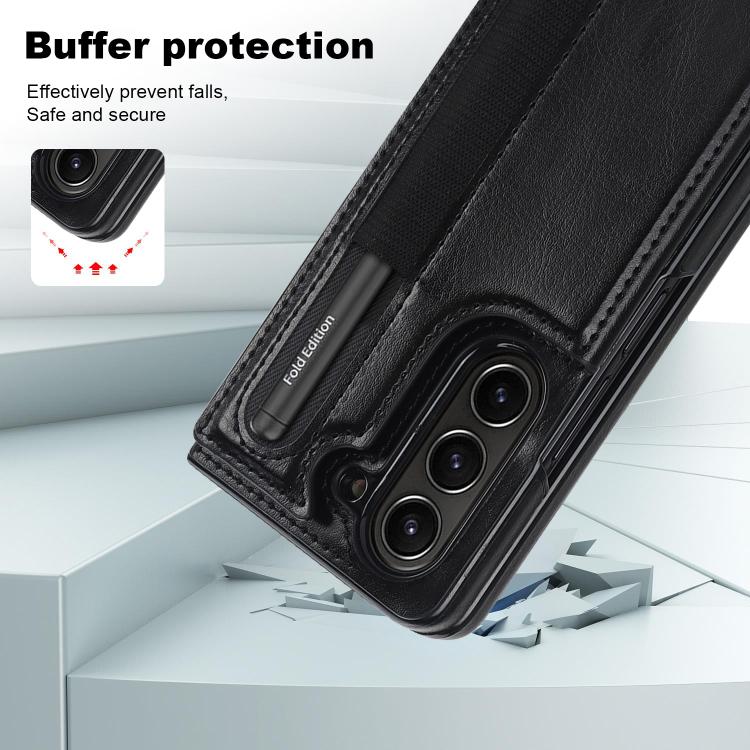 For Samsung Galaxy Z Fold7 Full Coverage Fold Double Buckle PU Phone Case with Pen Slots