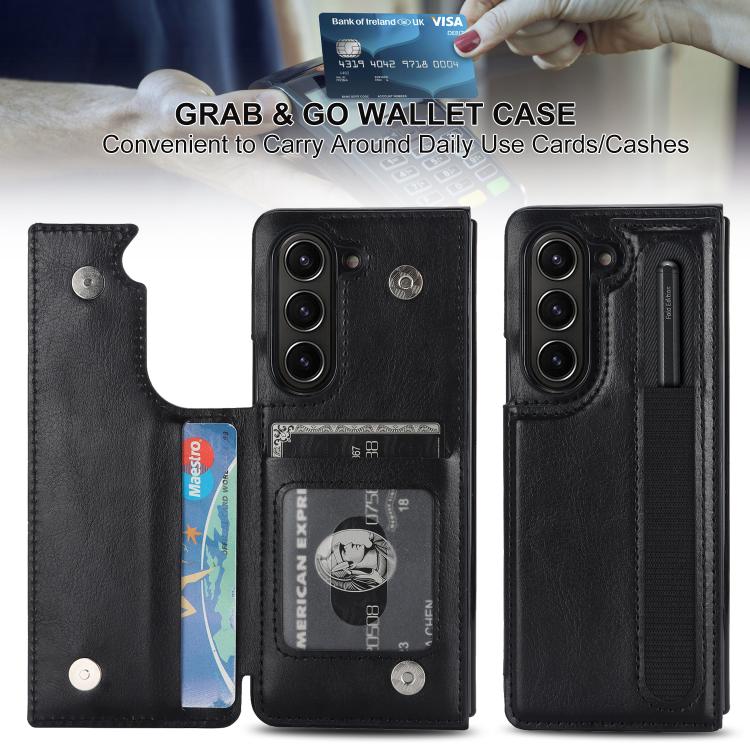 For Samsung Galaxy Z Fold7 Full Coverage Fold Double Buckle PU Phone Case with Pen Slots