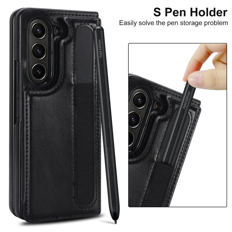 For Samsung Galaxy Z Fold7 Full Coverage Fold Double Buckle PU Phone Case with Pen Slots