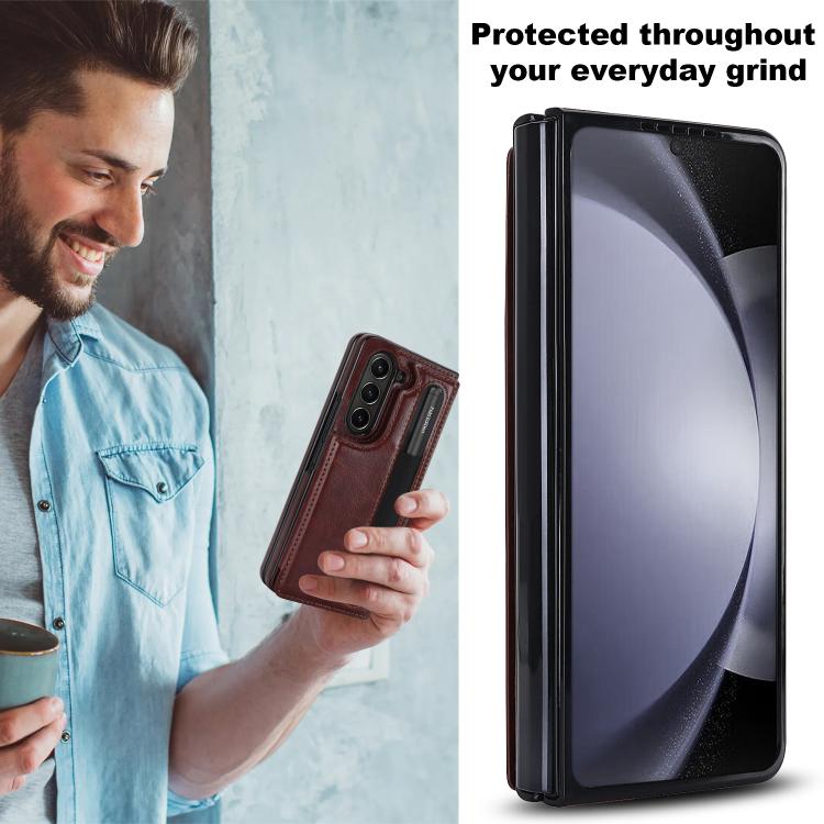 For Samsung Galaxy Z Fold7 Full Coverage Fold Double Buckle PU Phone Case with Pen Slots