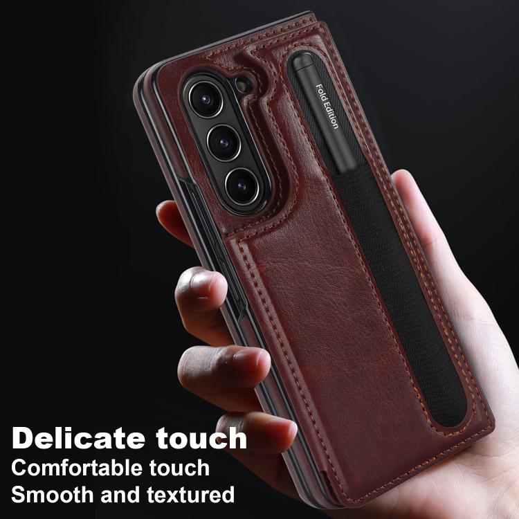 For Samsung Galaxy Z Fold7 Full Coverage Fold Double Buckle PU Phone Case with Pen Slots