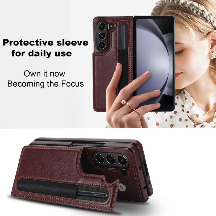 For Samsung Galaxy Z Fold7 Full Coverage Fold Double Buckle PU Phone Case with Pen Slots