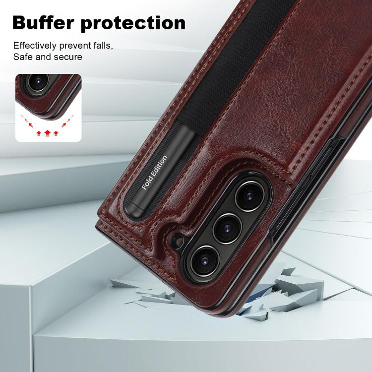 For Samsung Galaxy Z Fold7 Full Coverage Fold Double Buckle PU Phone Case with Pen Slots