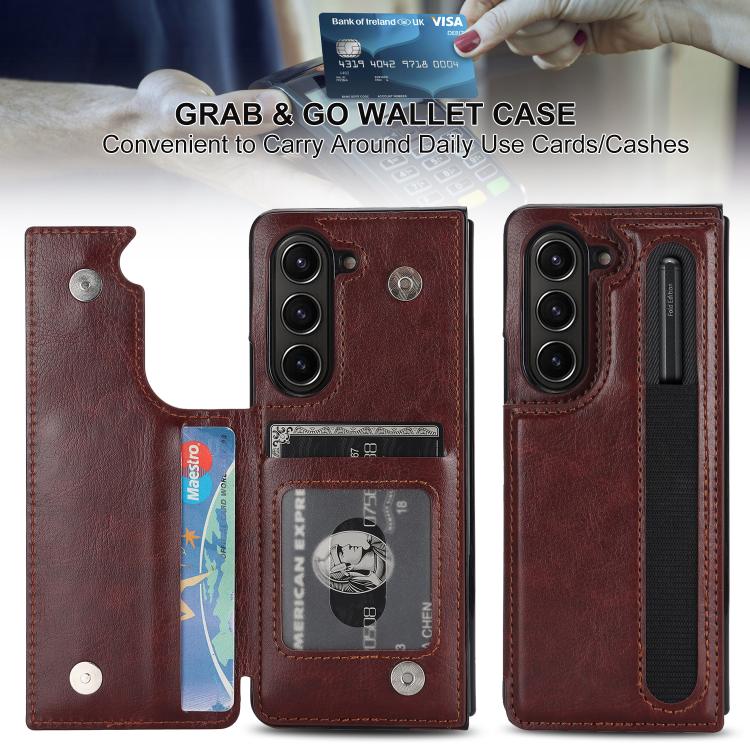 For Samsung Galaxy Z Fold7 Full Coverage Fold Double Buckle PU Phone Case with Pen Slots