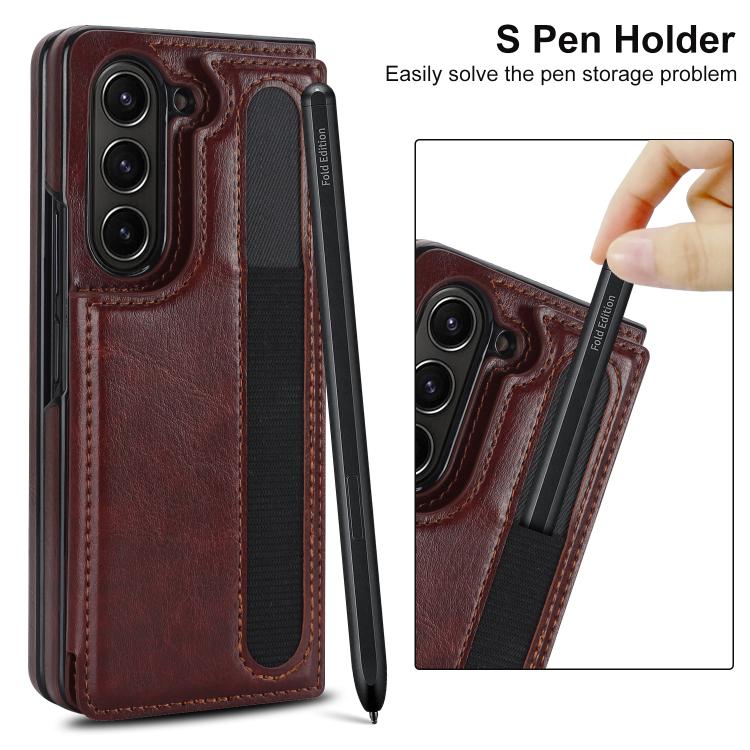 For Samsung Galaxy Z Fold7 Full Coverage Fold Double Buckle PU Phone Case with Pen Slots