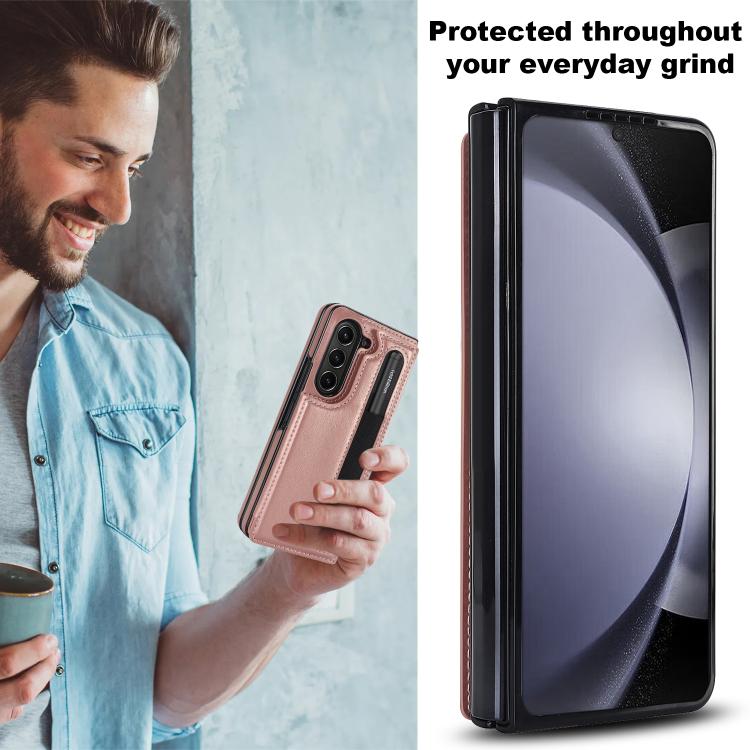 For Samsung Galaxy Z Fold7 Full Coverage Fold Double Buckle PU Phone Case with Pen Slots