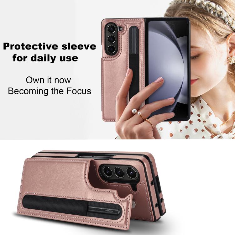 For Samsung Galaxy Z Fold7 Full Coverage Fold Double Buckle PU Phone Case with Pen Slots