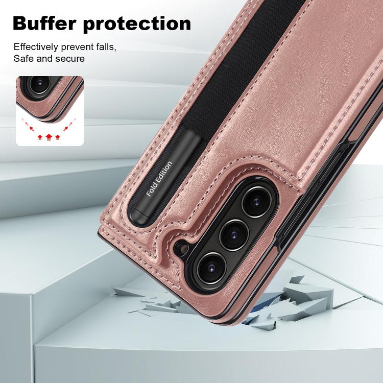 For Samsung Galaxy Z Fold7 Full Coverage Fold Double Buckle PU Phone Case with Pen Slots