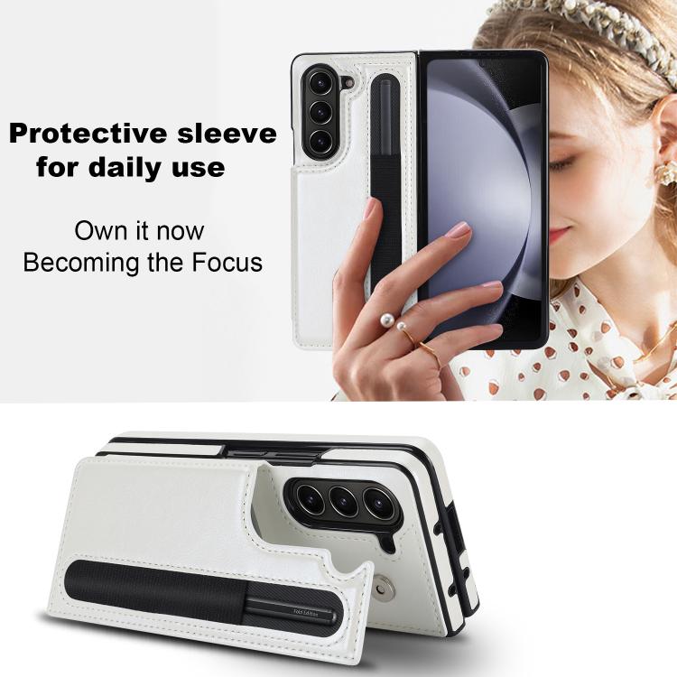 For Samsung Galaxy Z Fold7 Full Coverage Fold Double Buckle PU Phone Case with Pen Slots