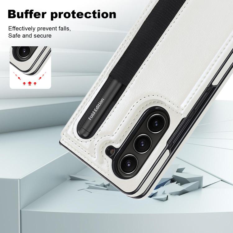 For Samsung Galaxy Z Fold7 Full Coverage Fold Double Buckle PU Phone Case with Pen Slots