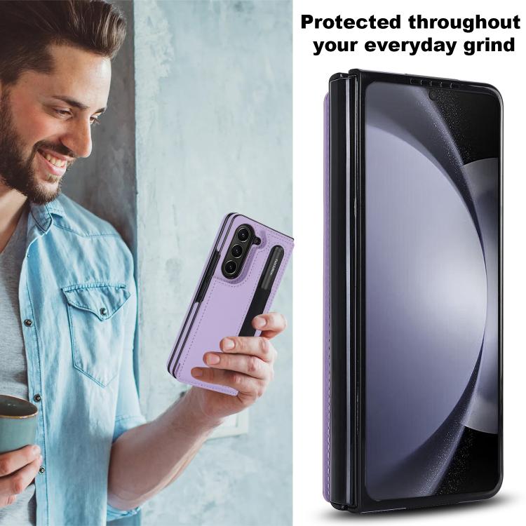 For Samsung Galaxy Z Fold7 Full Coverage Fold Double Buckle PU Phone Case with Pen Slots