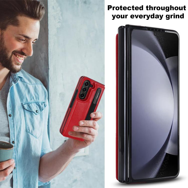 For Samsung Galaxy Z Fold7 Full Coverage Fold Double Buckle PU Phone Case with Pen Slots