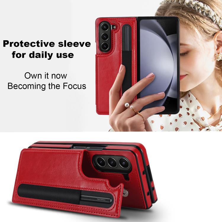 For Samsung Galaxy Z Fold7 Full Coverage Fold Double Buckle PU Phone Case with Pen Slots