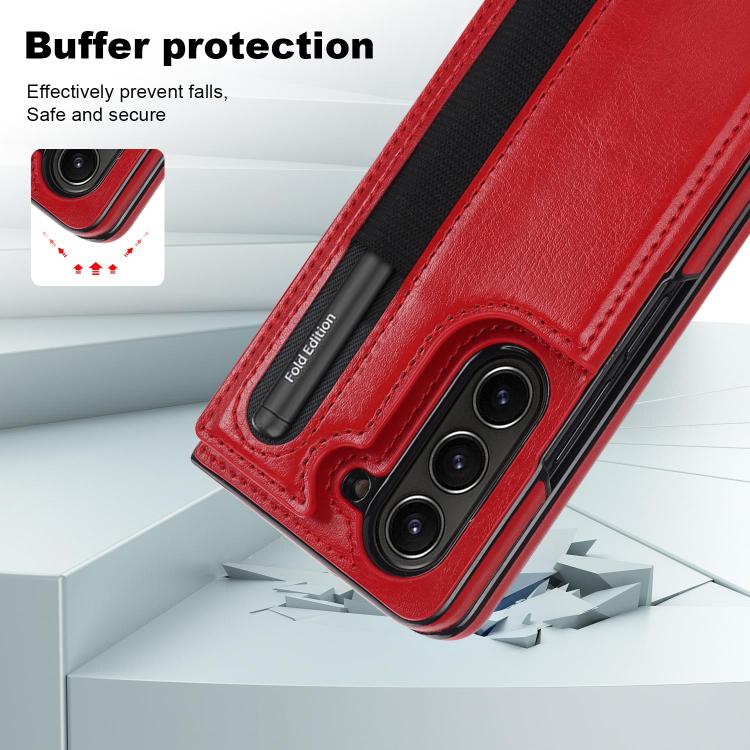 For Samsung Galaxy Z Fold7 Full Coverage Fold Double Buckle PU Phone Case with Pen Slots