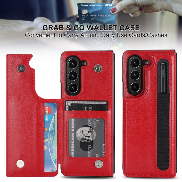 For Samsung Galaxy Z Fold7 Full Coverage Fold Double Buckle PU Phone Case with Pen Slots