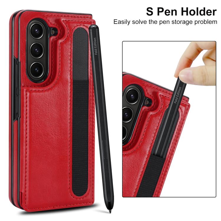 For Samsung Galaxy Z Fold7 Full Coverage Fold Double Buckle PU Phone Case with Pen Slots