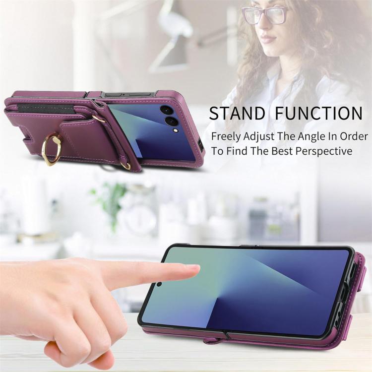 For Samsung Galaxy Z Flip7 5G Ring Holder Wallet Card Slot Leather Phone Case