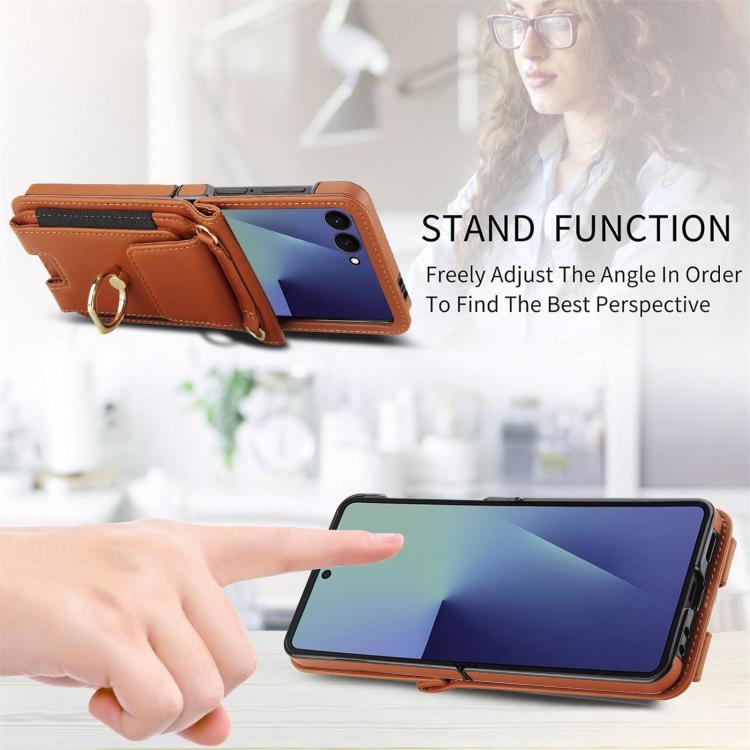 For Samsung Galaxy Z Flip7 5G Ring Holder Wallet Card Slot Leather Phone Case