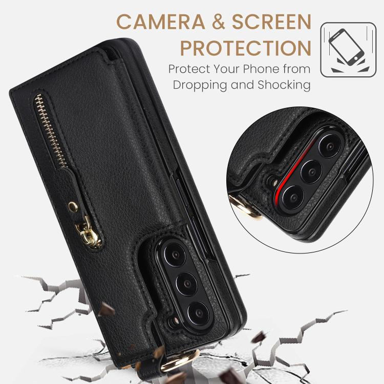 For Samsung Galaxy Z Fold7 Litchi Texture Ring Zipper Double Buckle Leather Phone Case