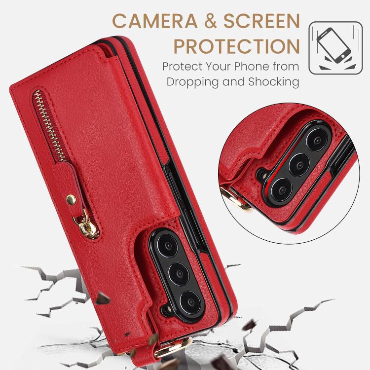 For Samsung Galaxy Z Fold7 Litchi Texture Ring Zipper Double Buckle Leather Phone Case