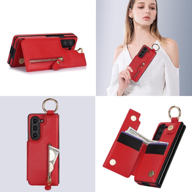 For Samsung Galaxy Z Fold7 Litchi Texture Ring Zipper Double Buckle Leather Phone Case
