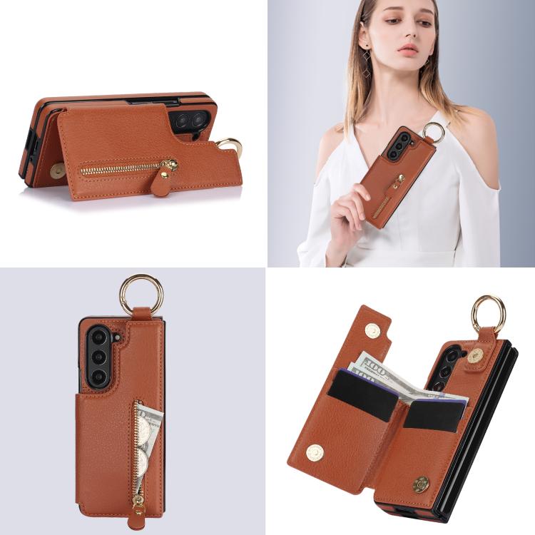For Samsung Galaxy Z Fold7 Litchi Texture Ring Zipper Double Buckle Leather Phone Case