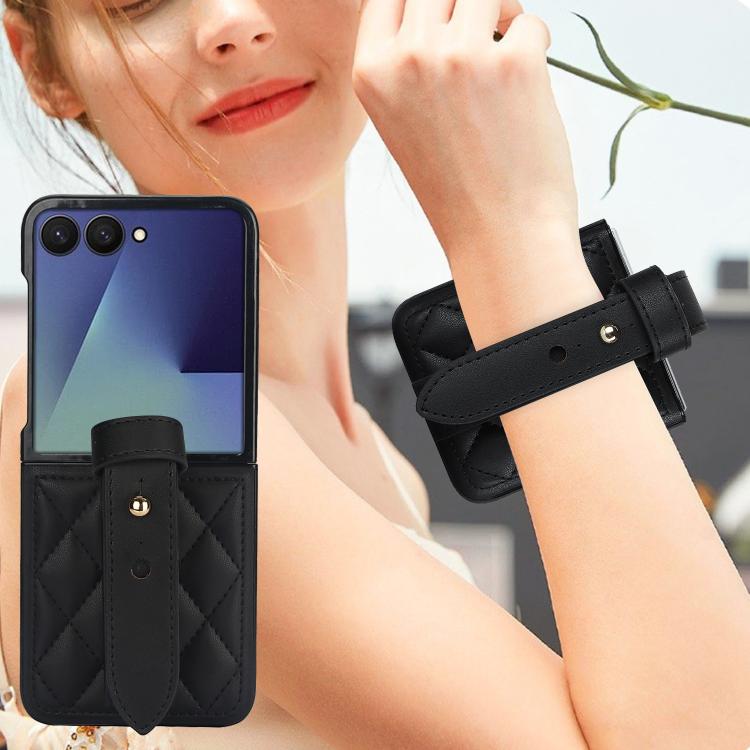 For Samsung Galaxy Z Flip7 5G Rhombic Texture Wristband PU Phone Case