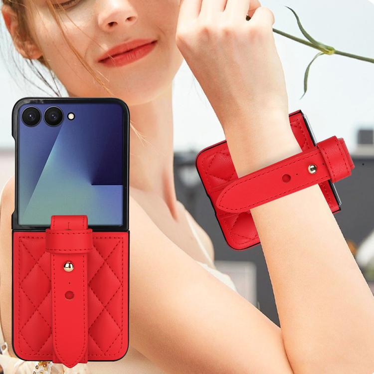 For Samsung Galaxy Z Flip7 5G Rhombic Texture Wristband PU Phone Case