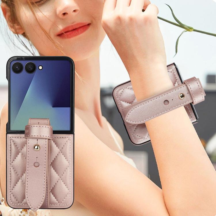 For Samsung Galaxy Z Flip7 5G Rhombic Texture Wristband PU Phone Case
