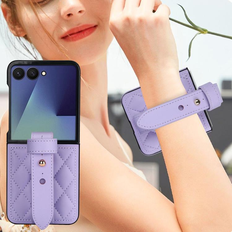 For Samsung Galaxy Z Flip7 5G Rhombic Texture Wristband PU Phone Case