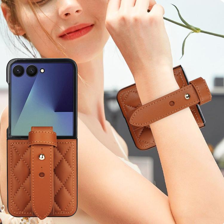 For Samsung Galaxy Z Flip7 5G Rhombic Texture Wristband PU Phone Case