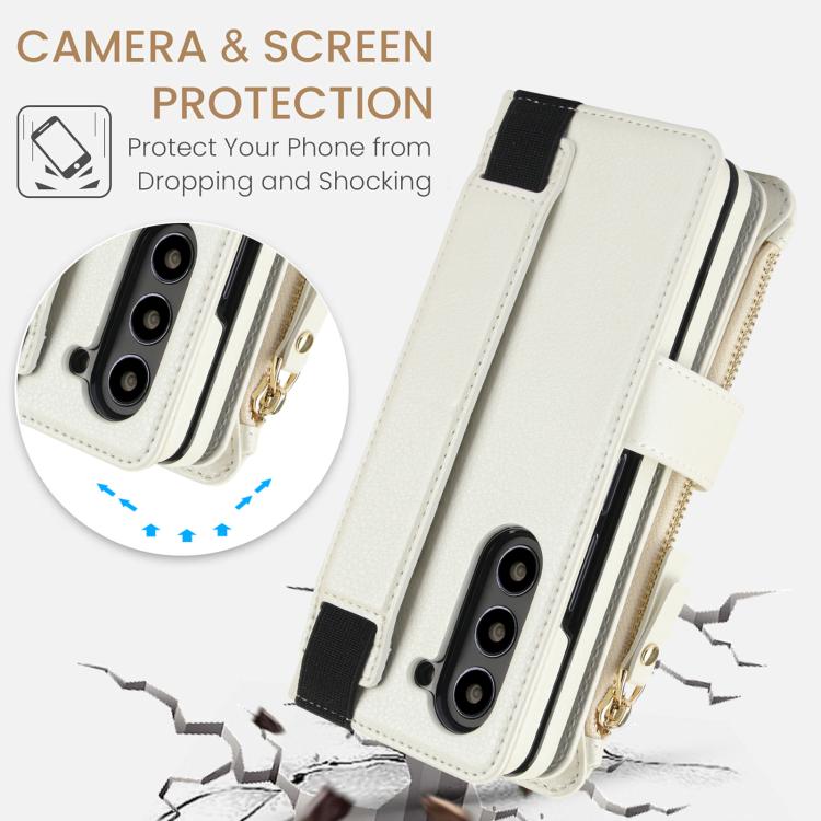 For Samsung Galaxy Z Fold7 Solid Color Wristband Wallet Folding Leather Phone Case with Lanyard