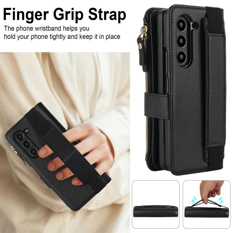 For Samsung Galaxy Z Fold7 Solid Color Wristband Wallet Folding Leather Phone Case with Lanyard