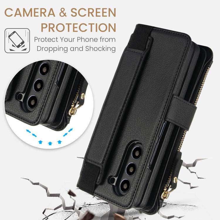For Samsung Galaxy Z Fold7 Solid Color Wristband Wallet Folding Leather Phone Case with Lanyard