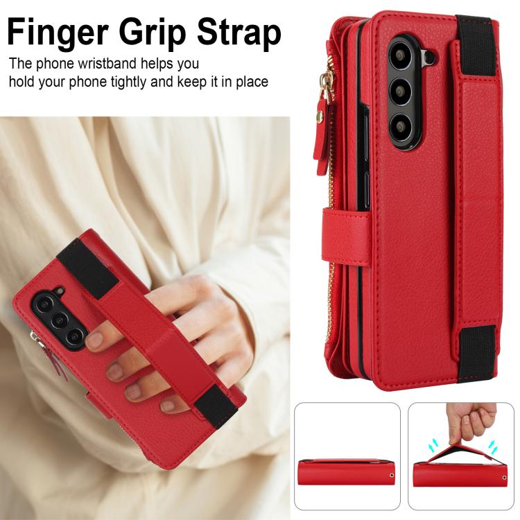 For Samsung Galaxy Z Fold7 Solid Color Wristband Wallet Folding Leather Phone Case with Lanyard
