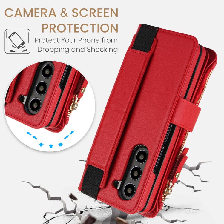 For Samsung Galaxy Z Fold7 Solid Color Wristband Wallet Folding Leather Phone Case with Lanyard
