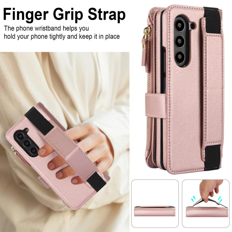 For Samsung Galaxy Z Fold7 Solid Color Wristband Wallet Folding Leather Phone Case with Lanyard