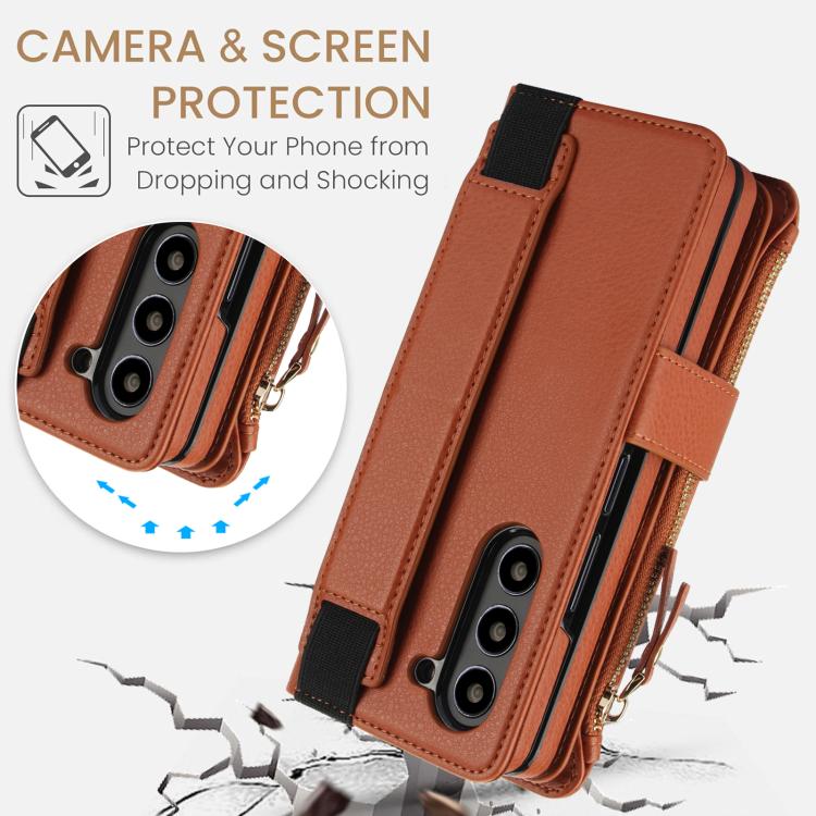 For Samsung Galaxy Z Fold7 Solid Color Wristband Wallet Folding Leather Phone Case with Lanyard