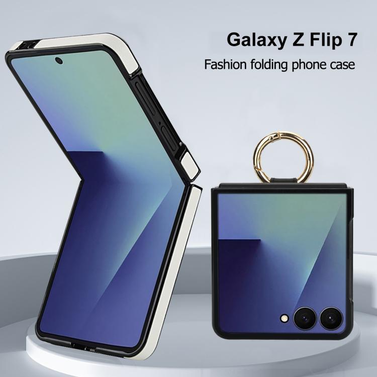 For Samsung Galaxy Z Flip7 5G Rhombic Texture Ring Holder PU Phone Case