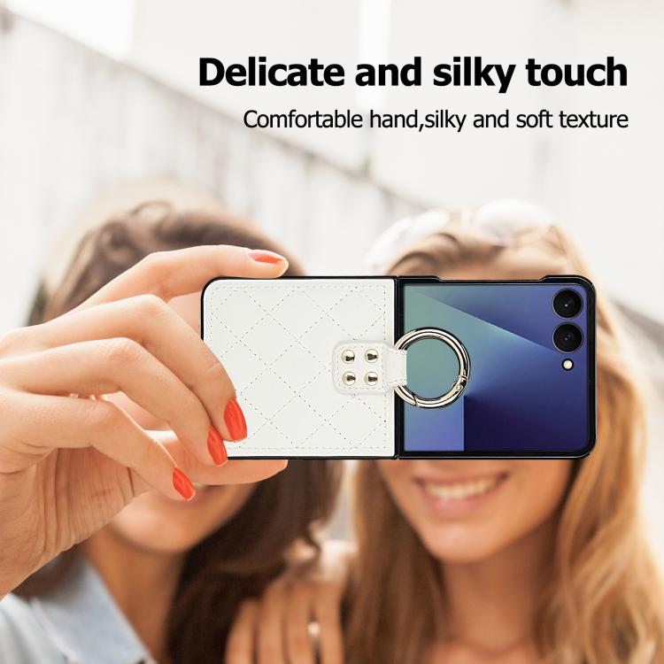 For Samsung Galaxy Z Flip7 5G Rhombic Texture Ring Holder PU Phone Case