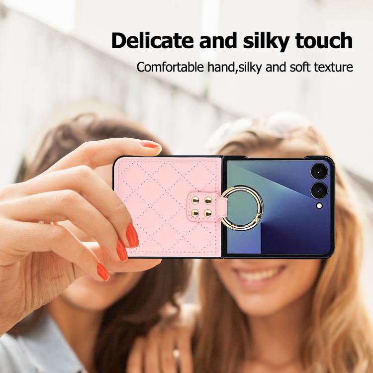 For Samsung Galaxy Z Flip7 5G Rhombic Texture Ring Holder PU Phone Case