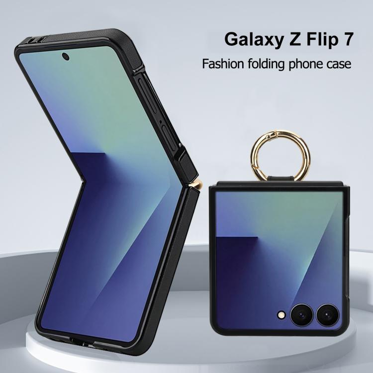 For Samsung Galaxy Z Flip7 5G Rhombic Texture Ring Holder PU Phone Case