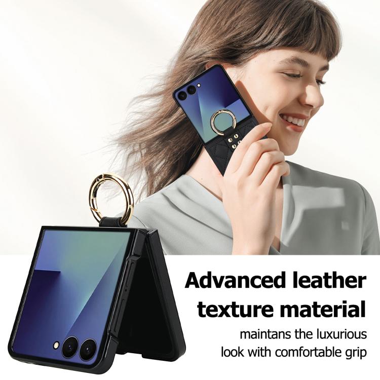 For Samsung Galaxy Z Flip7 5G Rhombic Texture Ring Holder PU Phone Case