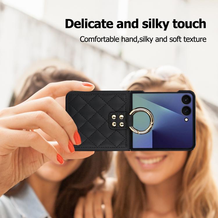 For Samsung Galaxy Z Flip7 5G Rhombic Texture Ring Holder PU Phone Case