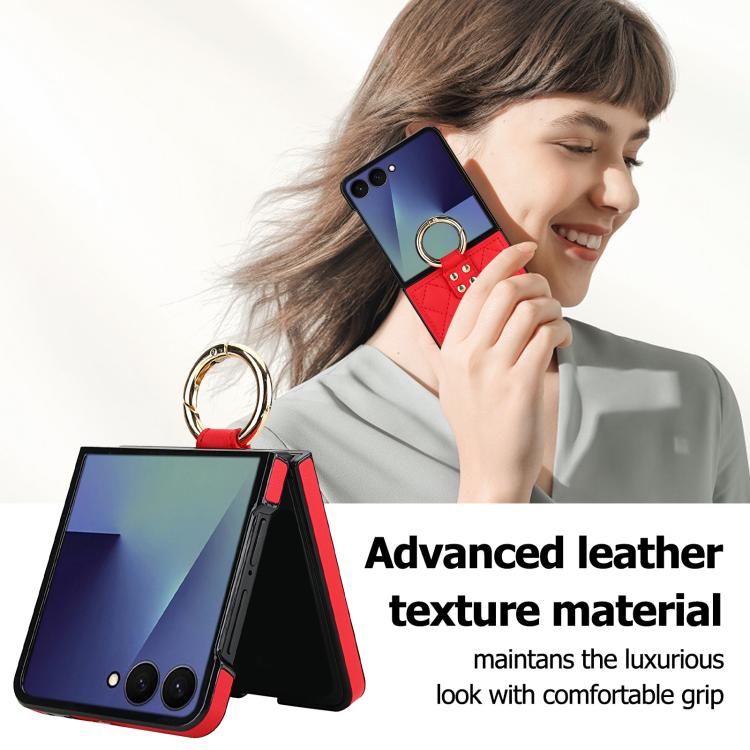 For Samsung Galaxy Z Flip7 5G Rhombic Texture Ring Holder PU Phone Case